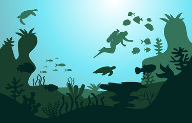 Wildlife Diver Fish Sea Ocean Underwater Aquatic Flat Illustration