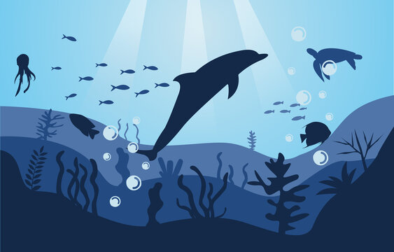 Wildlife Dolphin Fish Sea Ocean Underwater Aquatic Flat Illustration