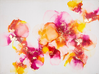 Abstract fluid art. Alcohol ink on canvas. Red, yellow, and gold