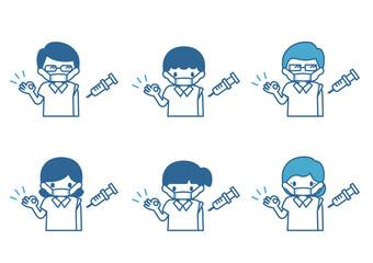 マスクをしてワクチンを摂取する様々な世代の人々のシンプルなイラスト