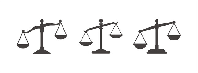 Scale of justice icon vector set. Leaning on one side scale of justice symbol illustration. Unfair law court symbol icon.