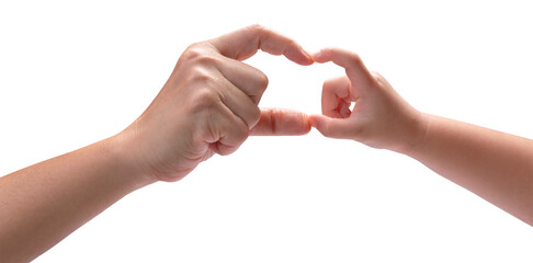 Mother and Kid hand Symbol of love finger isolated on a white background With clipping path. 