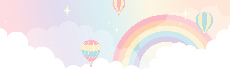 vector background with hot-air balloons and a rainbow in the sky for banners, cards, flyers, social media wallpapers, etc. © mar_mite_