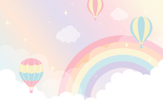 vector background with hot-air balloons and a rainbow in the sky for banners, cards, flyers, social media wallpapers, etc.