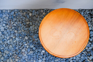 Aesthetic Empty Round Wooden Table in the Backyard, Exterior Interior Home and Cafe Design