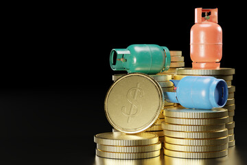 LPG or propane gas tank in the shape of a cylinder placed on a pile of gold coins. The concept of the cost of using cooking gas and the concept of income of a gas business. 3D illustration rendering