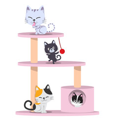 Four cute cats on cat tree scratching post playing, sitting and grooming