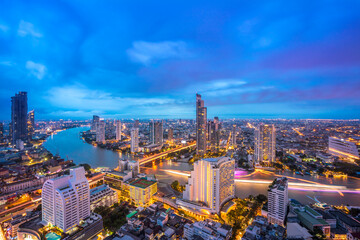 Aerial Bangkok Cityscape And Chao Phraya River Of Bangkok, Thailand