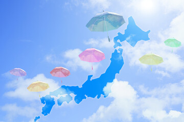 天気予報/気象/晴れた空に浮かぶカラフルな傘と日本地図/日本列島/アンブレラスカイ