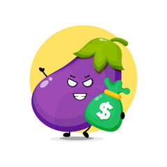 Cute eggplant character stealing money
