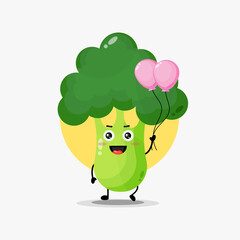 Illustration of cute broccoli character carrying balloon