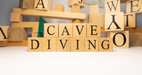 Cave diving created from wooden cubes. Sports and the Olympics.
