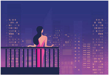Beautiful woman standing at balcony on cityscape night time vector illustration