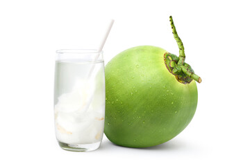 Glass of coconut juice with fresh fruit isolated on white background.