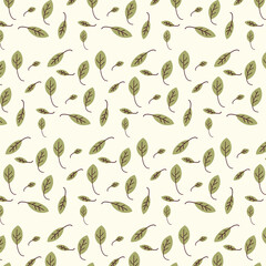 Leaf Seamless Pattern on Light Yellow Background. Mini Green leaves Design for fabric,print,product,tiles,packaging,wallpaper,clothing,wrapping.Vector illustration