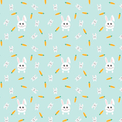 White rabbit with pink ears and carrots on Light Blue Background. Seamless Pattern.Pastel Color Tone.Design for fabric,fashion,print,product,packaging,wallpaper,clothing,wrapping.Vector illustration 