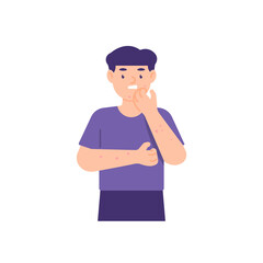 illustration of a boy scratching his body because he feels itchy. due to infrequent bathing. bumpy skin. skin disease. flat cartoon style. vector design elements