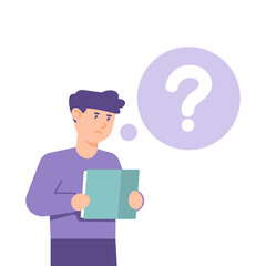 illustration of a boy studying or reading a book. hard to learn, don't understand, need help to learn. question mark. flat cartoon style. vector design