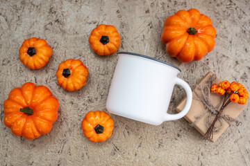 Mug mockup flat lay. White coffee cup mock up. Blank mug printing design template. autumn,...
