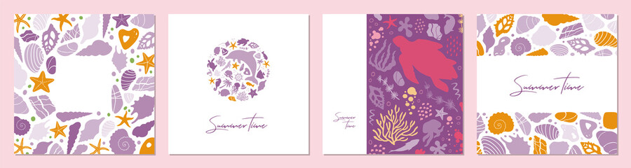 Set of posters with marine life. Abstract illustration of summer time concept. Underwater set of silhouettes. .Flat vector illustration. Card templates