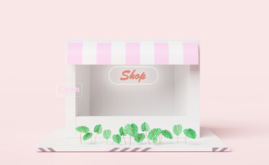 shop store front with leaf monstera,open label tag isolated on pink pastel background.Startup franchise business concept ,3d illustration or 3d render