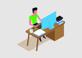 illustration of a man sitting at a desk. Office work done at home. sitting in front of the computer