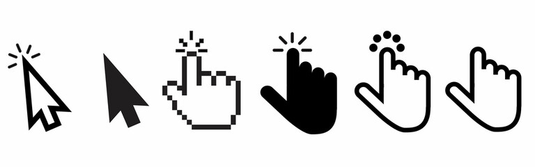 Computer mouse click cursor. Pointer cursor. Cursors icons click set. Clicking cursor, pointing hand clicks icons