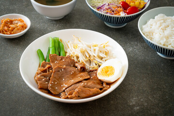 stir-fry Teriyaki Pork with sesame seeds ,mung bean sprouts, boiled egg and rice set
