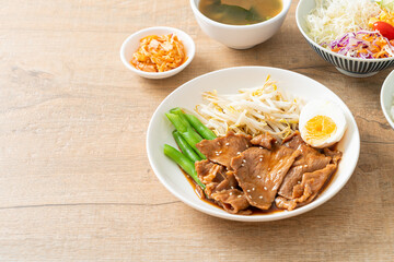 stir-fry Teriyaki Pork with sesame seeds ,mung bean sprouts, boiled egg and rice set