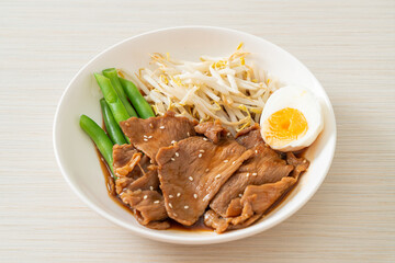 stir-fry Teriyaki Pork with sesame seeds ,mung bean sprouts, boiled egg and rice set
