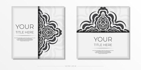 Preparing postcards White colors with Indian ornaments. Template for design printable invitation card with mandala patterns.