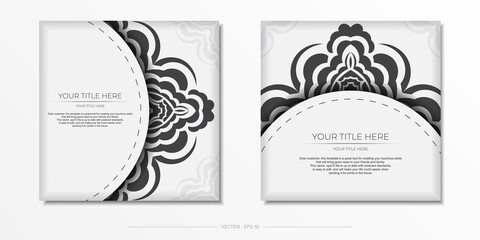 Preparing postcards White colors with Indian ornaments. Template for design printable invitation card with mandala patterns.