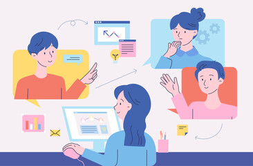 A woman is working on a computer, having a meeting with her colleagues on a screen floating around her. flat design style vector illustration.