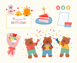 Cute bear's birthday party. flat design style vector illustration. - obrazy, fototapety, plakaty