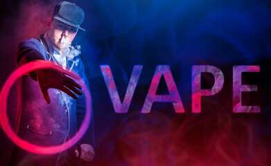 The concept of vaping in blue and pink neon color. A vaper shows off a smoke ring from an...