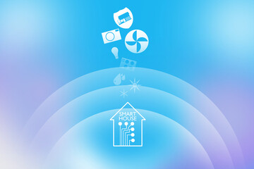 Abstract cottage and home automation system labels on blue background. Concise infographic Smart Home. Manage home systems using a mobile app. Internet of Smart Things.