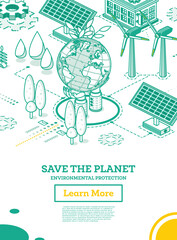 Save the Planet. Hands Hold Model of Globe. Isometric Concept. Environmental Protection. Solar Panels.