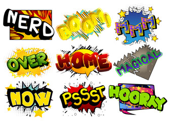 Nerd, Boom, MMM, Over, Home, Magical, Now, Pssst, Hooray - Cartoon words, text effect. Speech bubble. Comics wording sound collection. Set for your comic book background, strip.