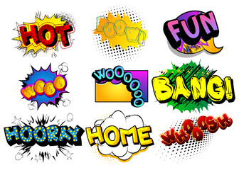 Hot, Poow, Fun, Wooo, Bang, Hooray, Home, Whooosh - Cartoon words, text effect. Speech bubble. Comics wording sound collection. Set for your comic book background, strip.