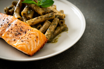 pesto quadrotto penne pasta with grilled salmon