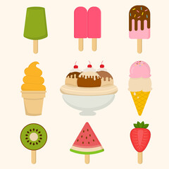 Cold snack colorful ice creams different variation with sliced fruits on sticks