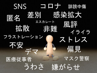 暗闇に座った人形_コロナ誹謗中傷関連文字