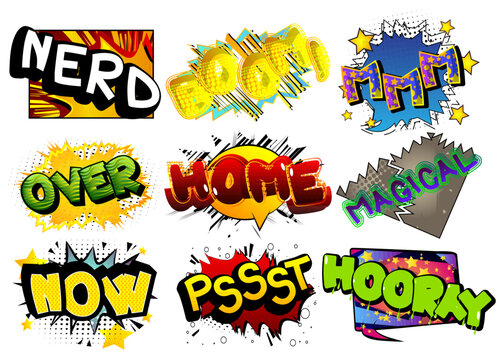 Nerd, Boom, MMM, Over, Home, Magical, Now, Pssst, Hooray - Cartoon words, text effect. Speech bubble. Comics wording sound collection. Set for your comic book background, strip.