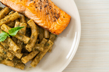 pesto quadrotto penne pasta with grilled salmon