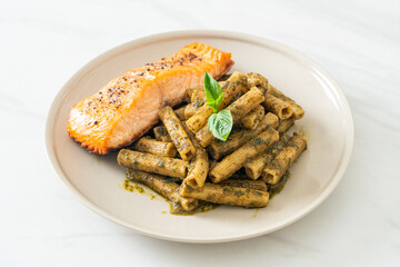 pesto quadrotto penne pasta with grilled salmon