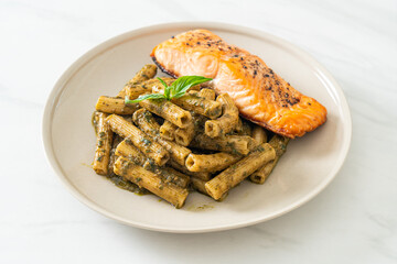 pesto quadrotto penne pasta with grilled salmon