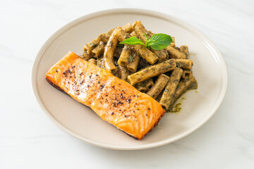 pesto quadrotto penne pasta with grilled salmon