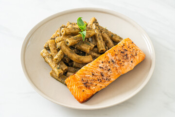 pesto quadrotto penne pasta with grilled salmon