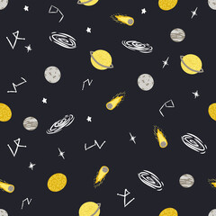 Seamless pattern with Space. Space background for children. Cartoon Comets, Planets, Stars, UFOs, Galaxy, Constellation, Black hole. Vector seamless template, Print