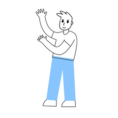 Man points to something. Hand gesture. Male character show up. Funny outline cartoon.